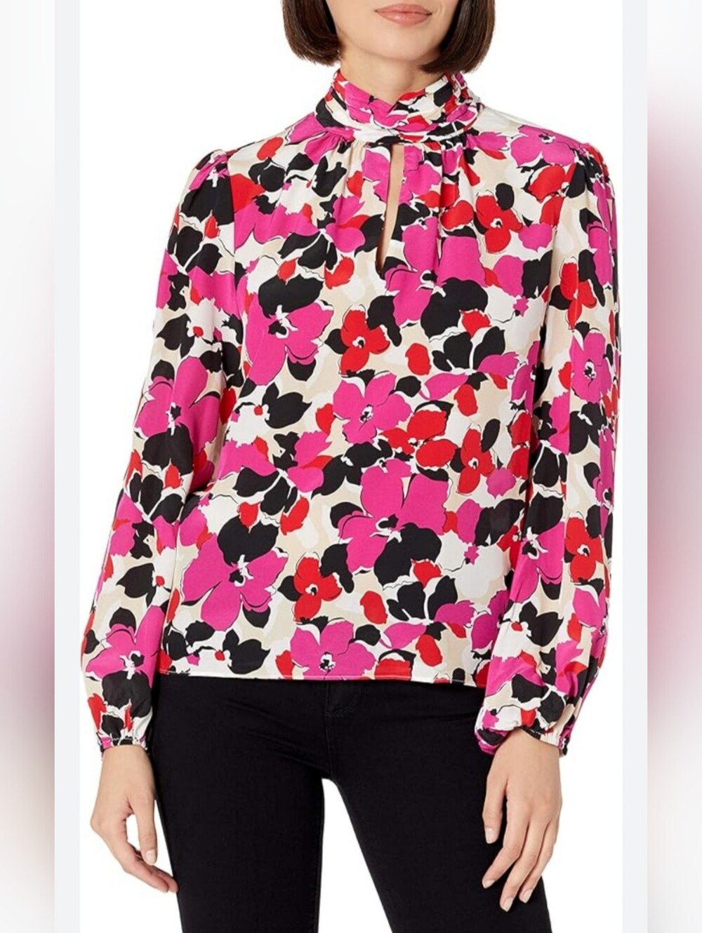 Milly Essie Voila Floral Print High Neck Open Back Long Sleeve Silk Bkouse Small
